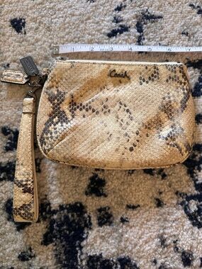 Coach Beige and Brown Snake-Print Wristlet with Metal Tag